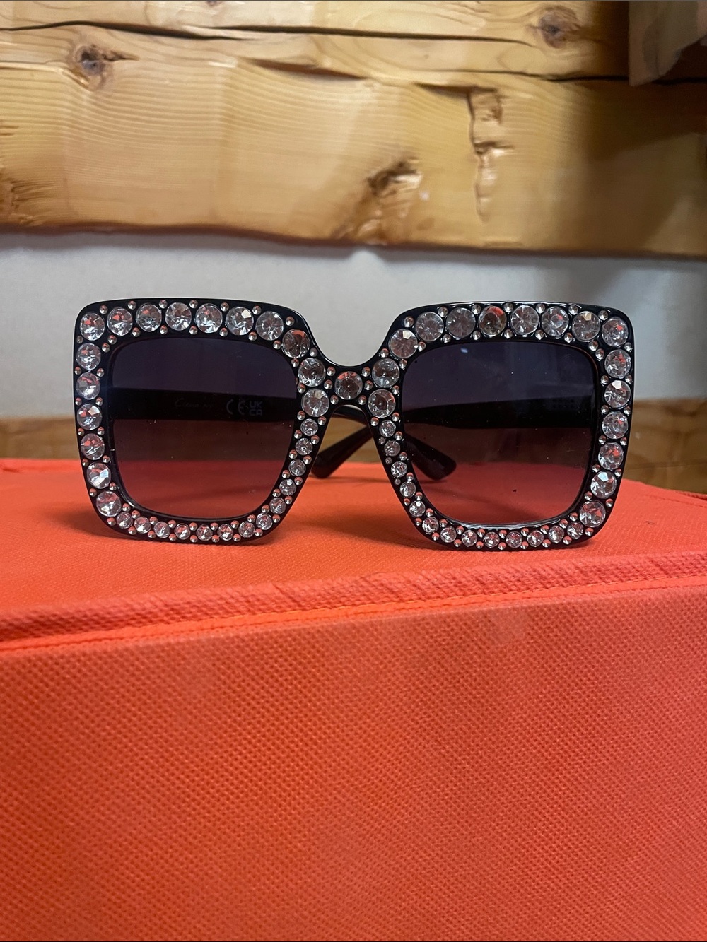 Oversize rhinestone square sunglasses black gradient lenses glam statement shade